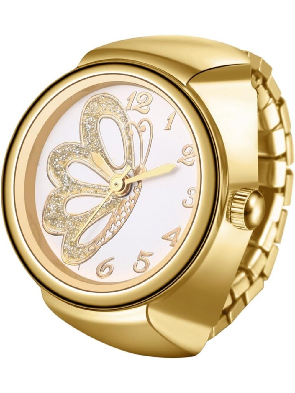 Unisex All Gold Analog Quartz Plated Elastic Butterfly Simple Finger Ring Watch